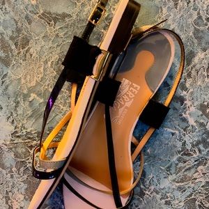 Ferragamo patent strappy sandal w/grosgrain detail